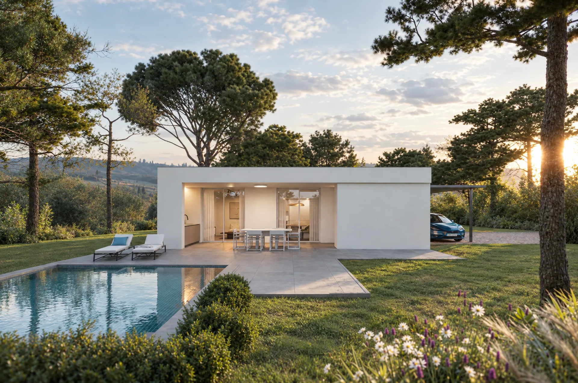 Render de Casa Alba, casa prefabricada panorámica