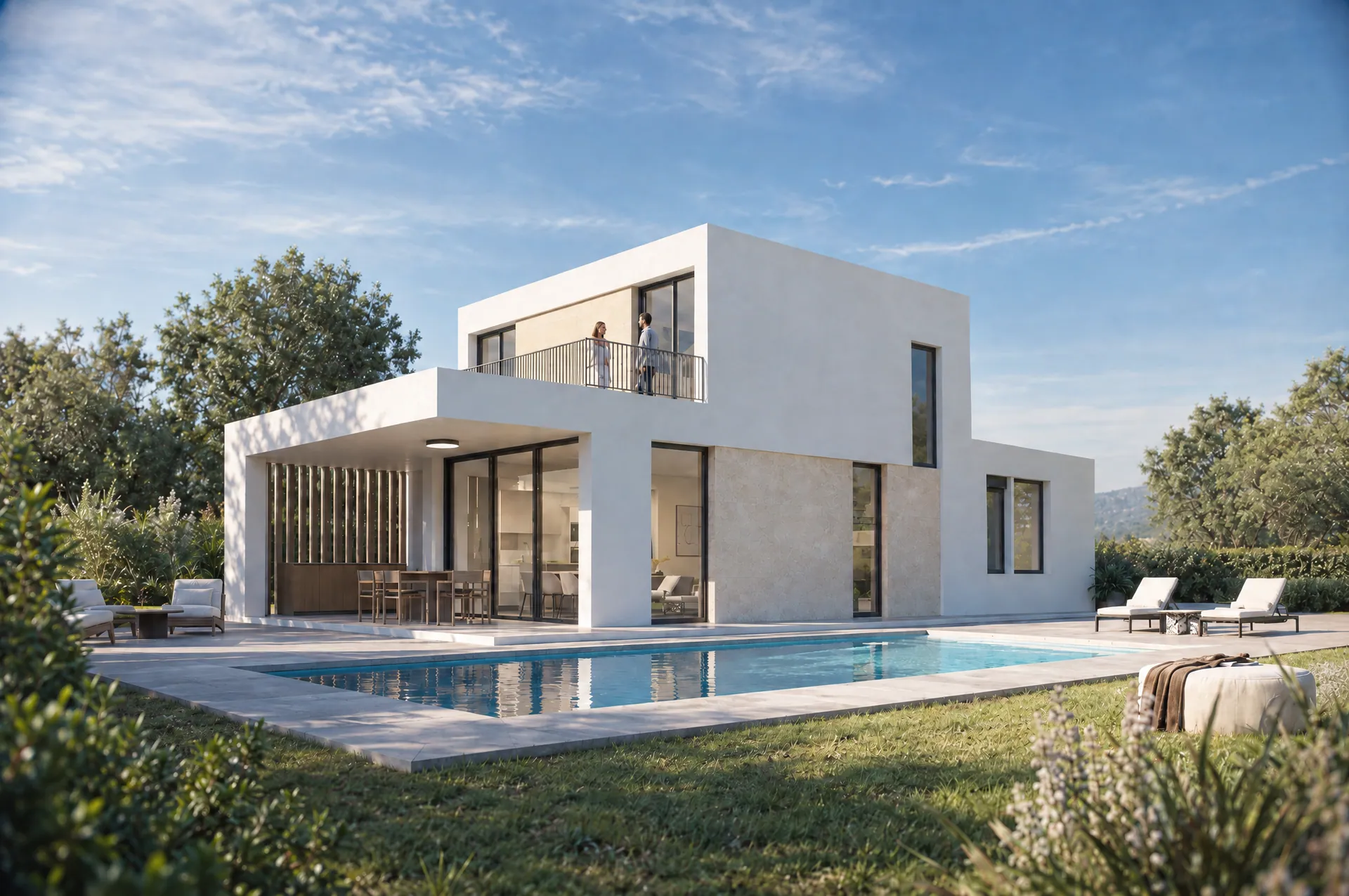 Render de Casa Encina, casa prefabricada lineal