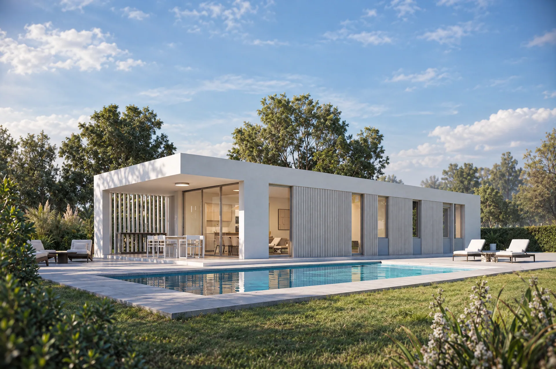 Render de Casa Haya, casa prefabricada lineal