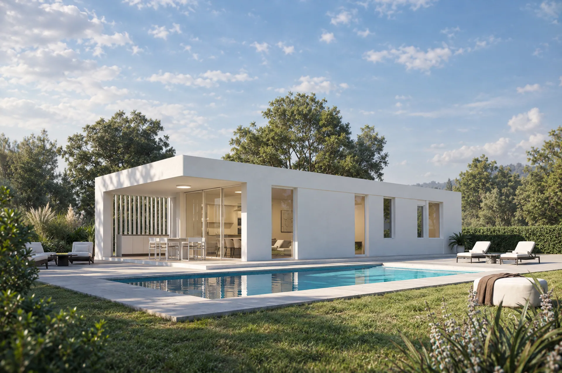 Render de Casa Olmo, casa prefabricada lineal