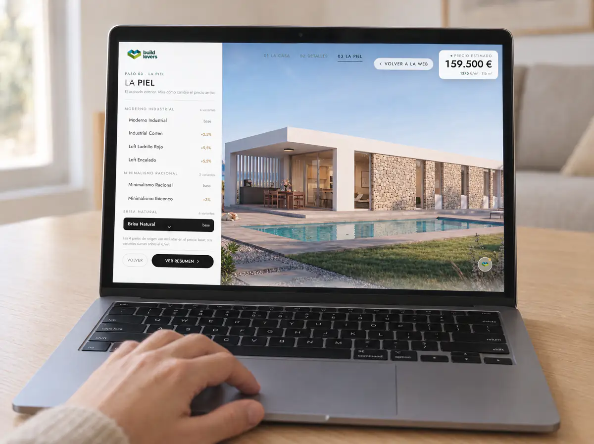 El configurador de BuildLovers en un portátil, eligiendo la piel de la casa
