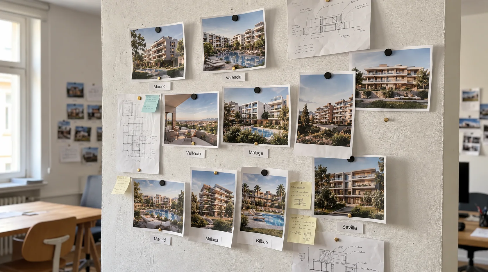 Pared del estudio de BuildLovers con fotos de promociones residenciales y sus planos