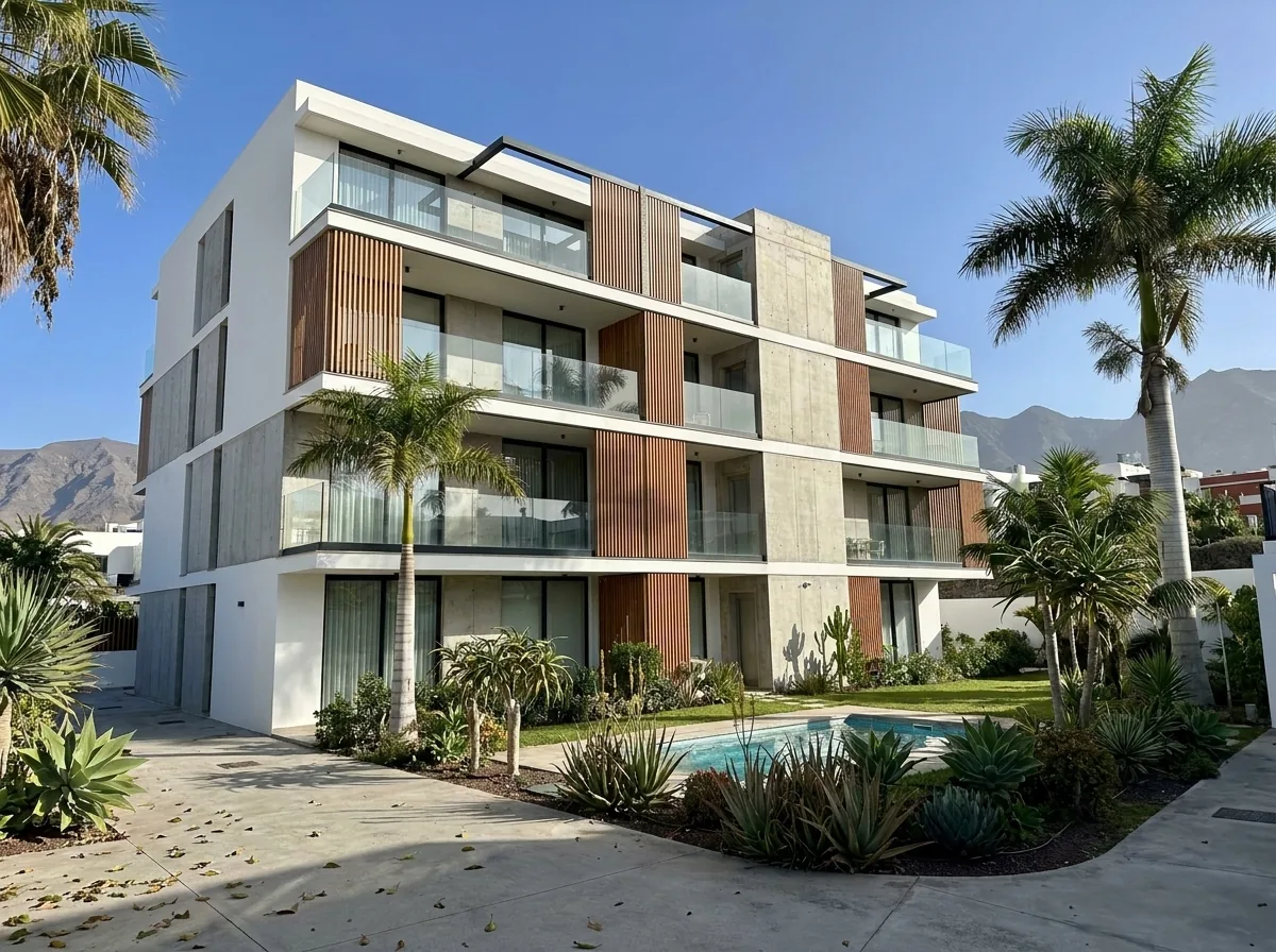 Edificio residencial con piscina y palmeras en Santa Cruz de Tenerife