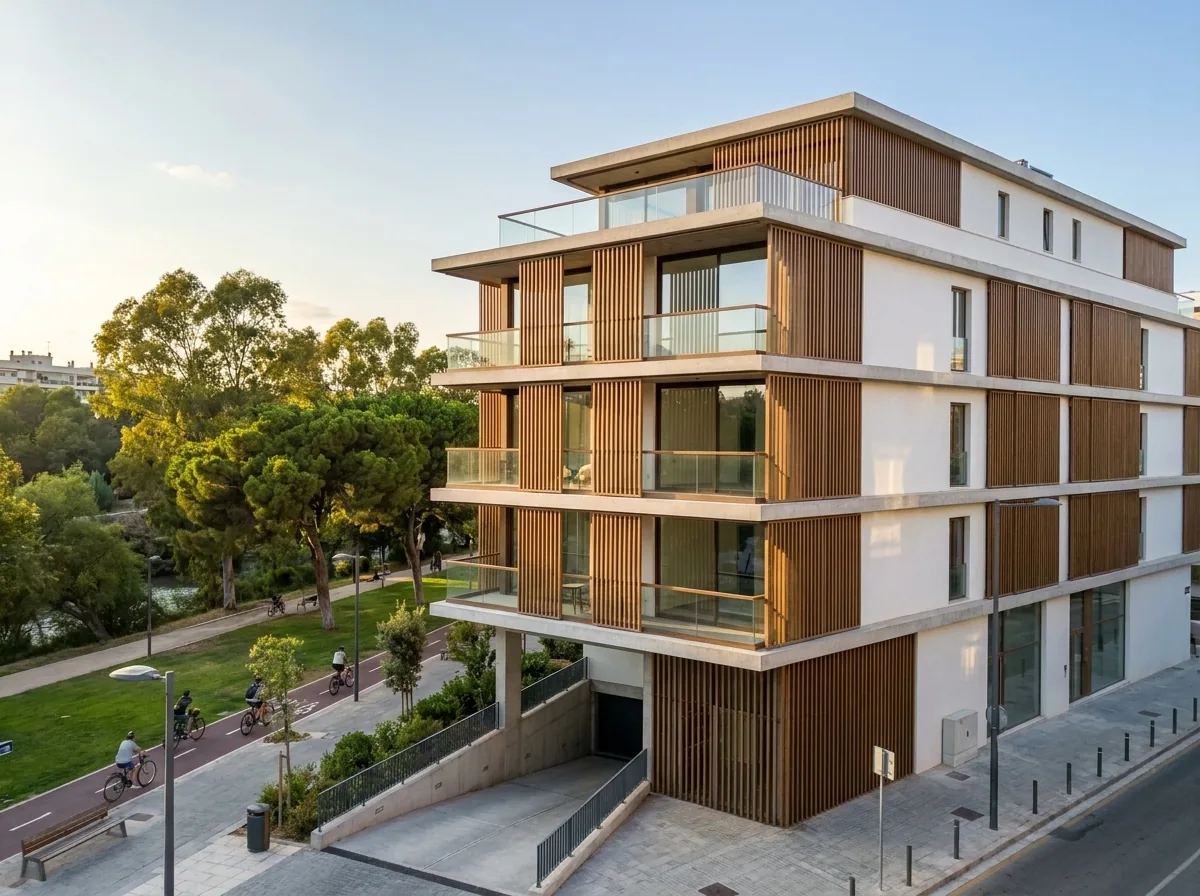 Edificio de viviendas de obra nueva junto al parque fluvial de Valencia