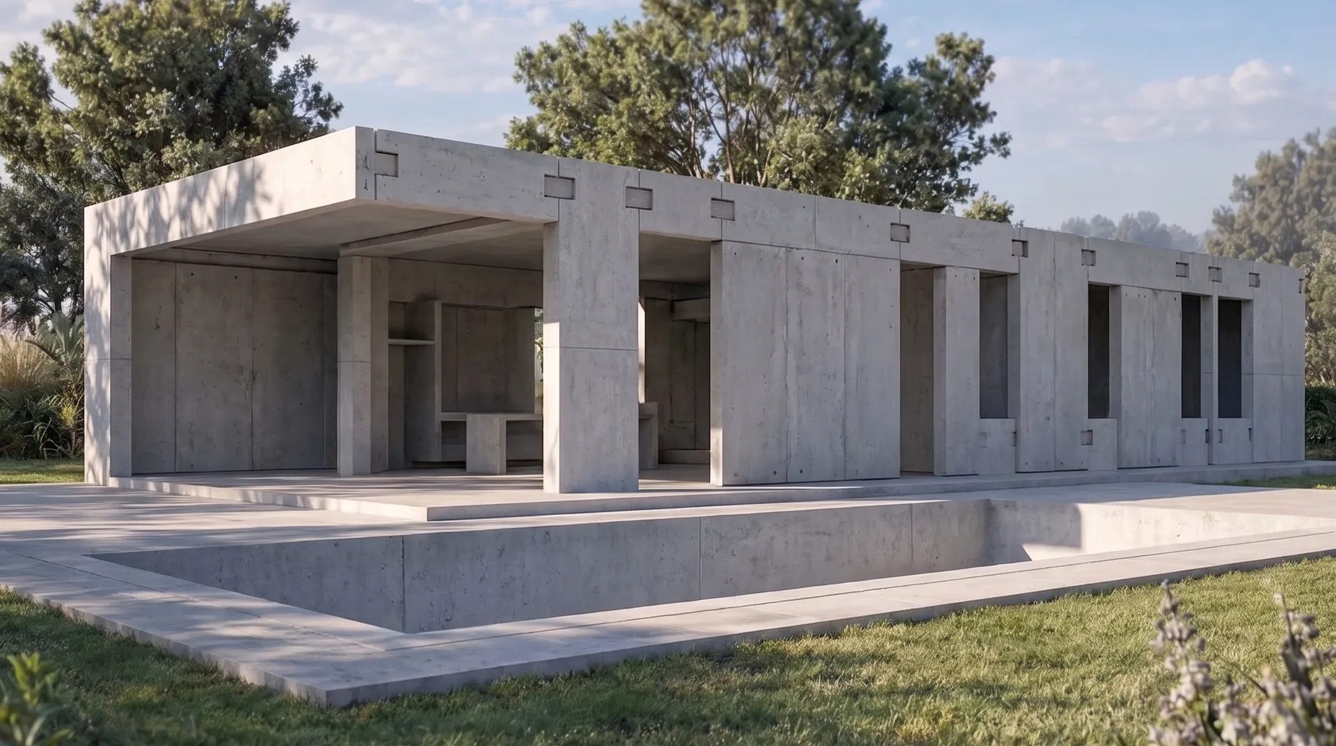 Casa de hormigón prefabricado, con los paneles y sus juntas a la vista
