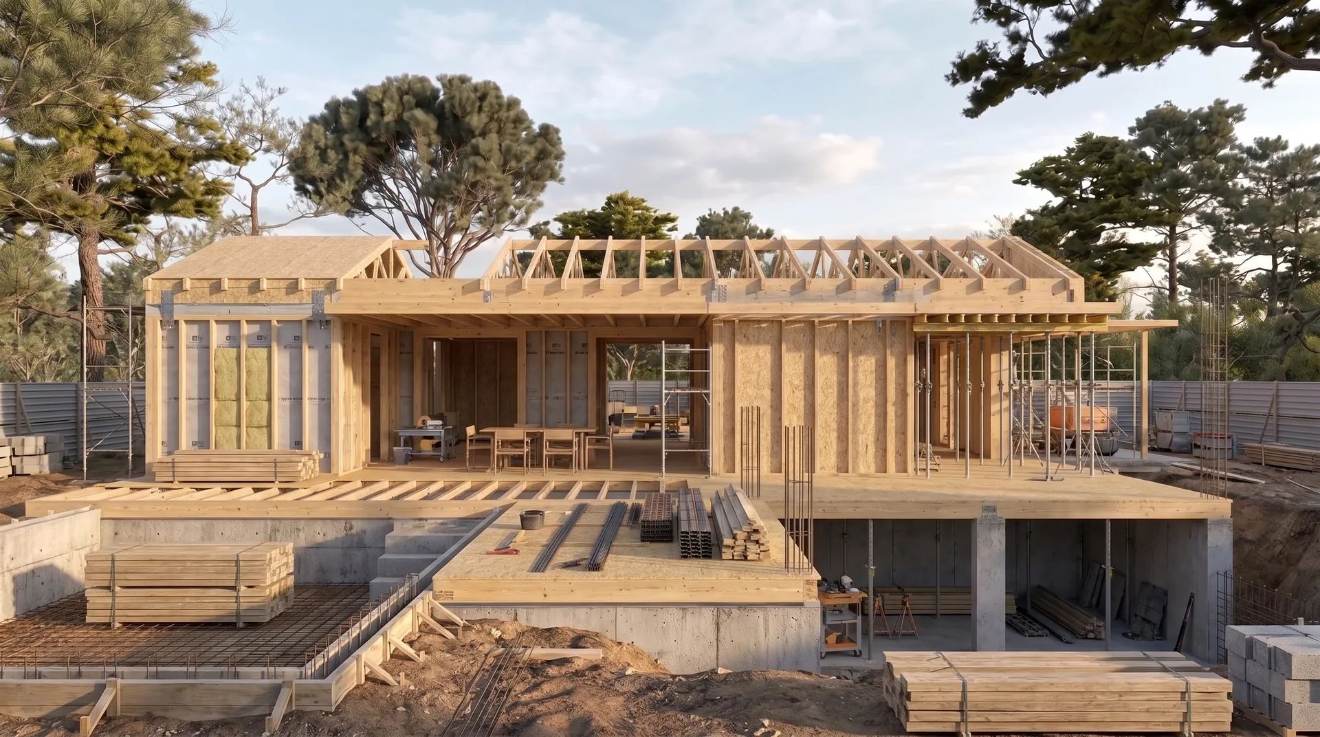 Estructura de entramado ligero de madera en obra, con montantes y vigas