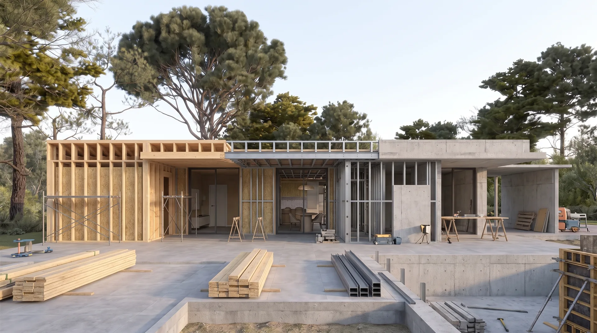 Vivienda en construcción donde se ven los tres sistemas: entramado de madera, Steel Frame y hormigón