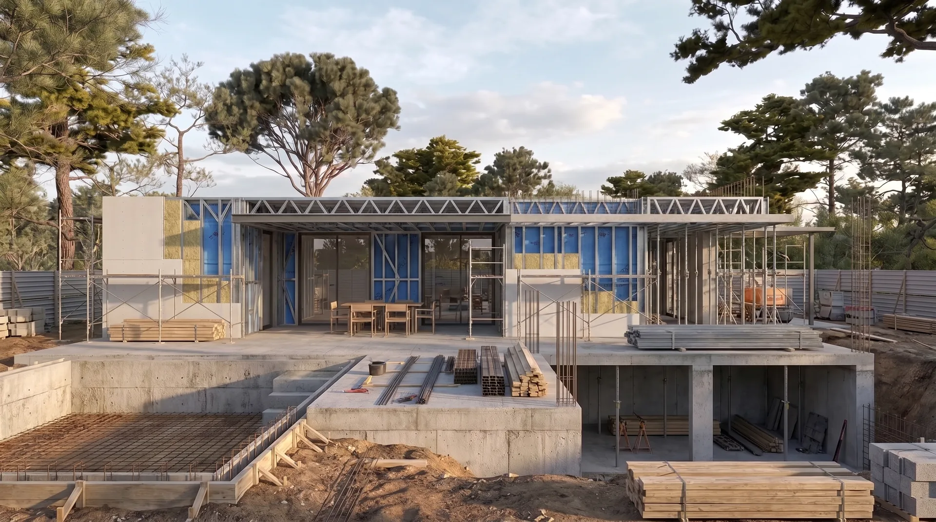 Estructura de Steel Frame en obra, con perfiles de acero galvanizado