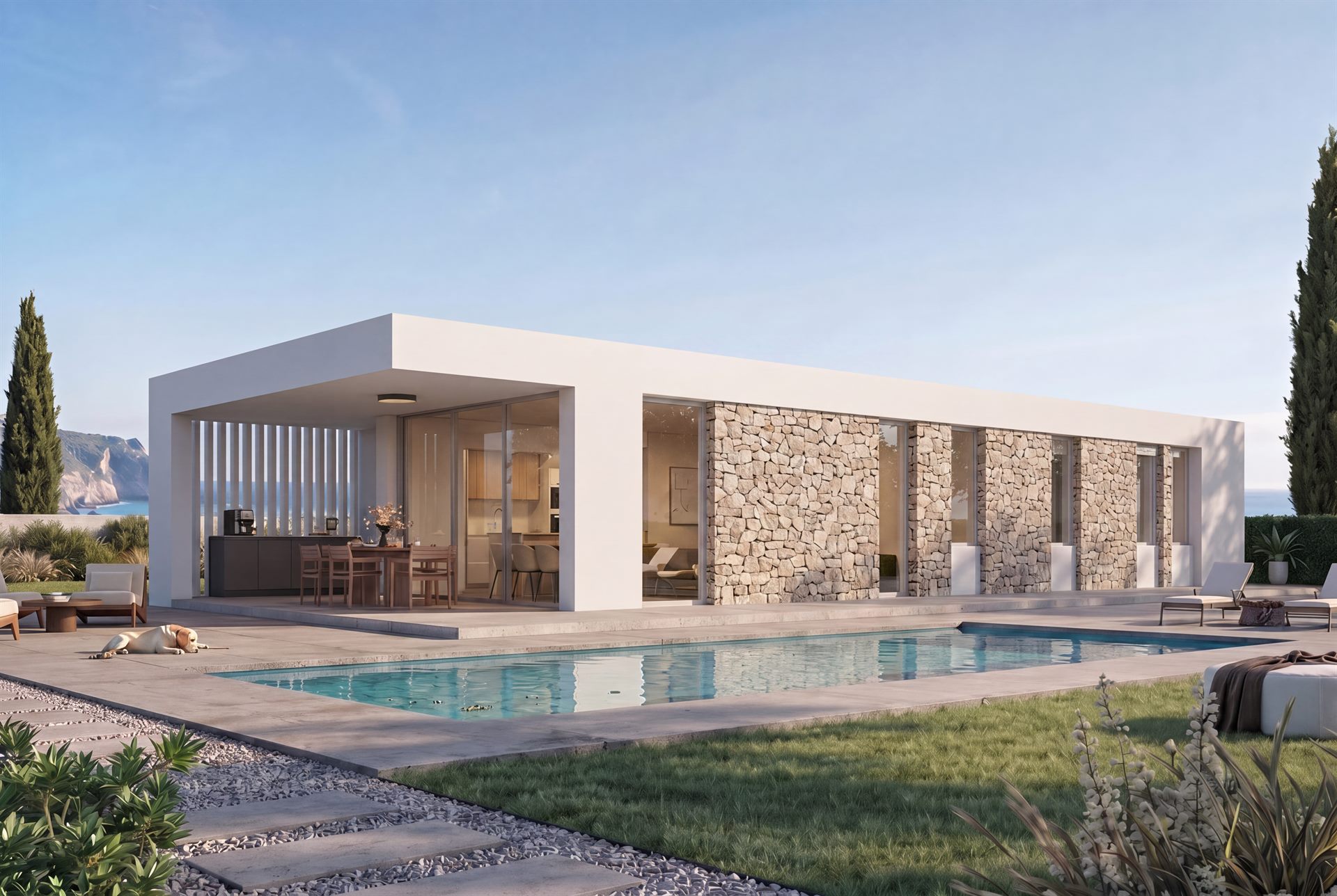 Casa BuildLovers de una planta con piscina, porche y fachada de piedra